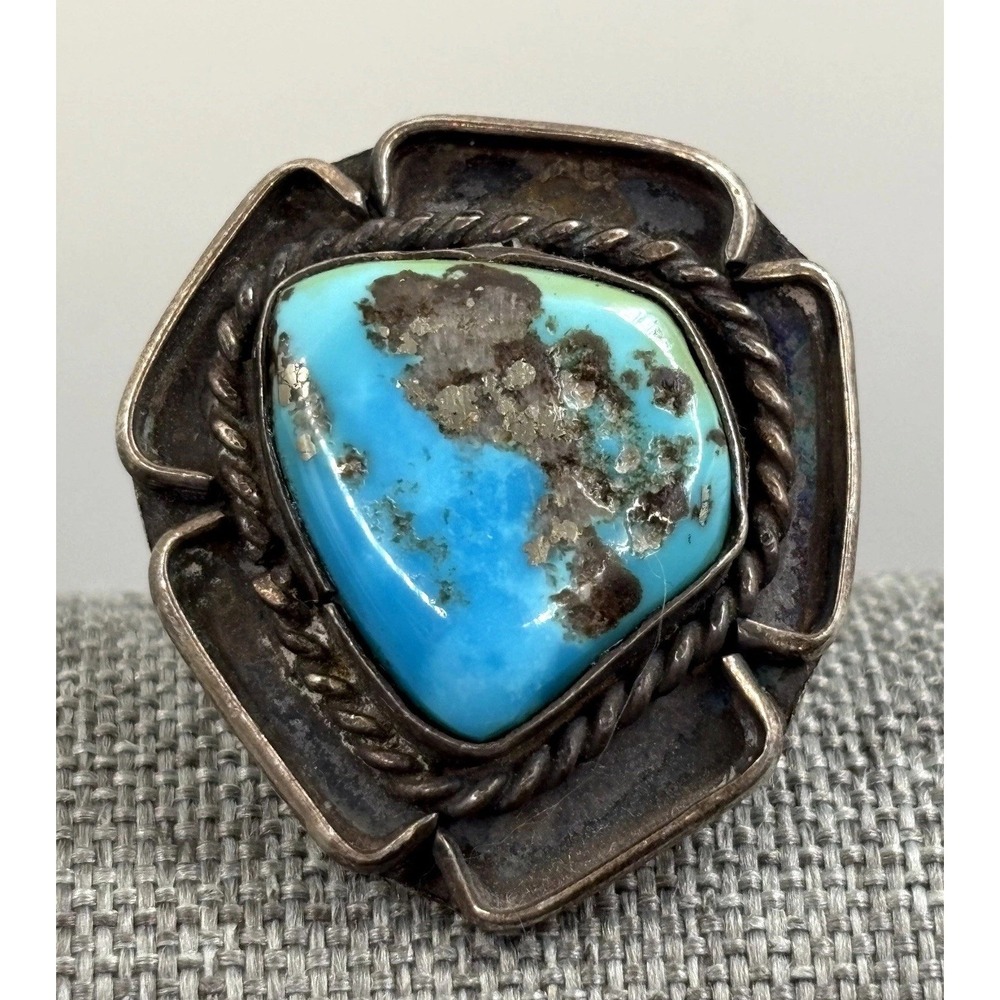 VTG Southwestern Sterling Silver Turquoise Statement Ring Pyrite Matrix Size 7